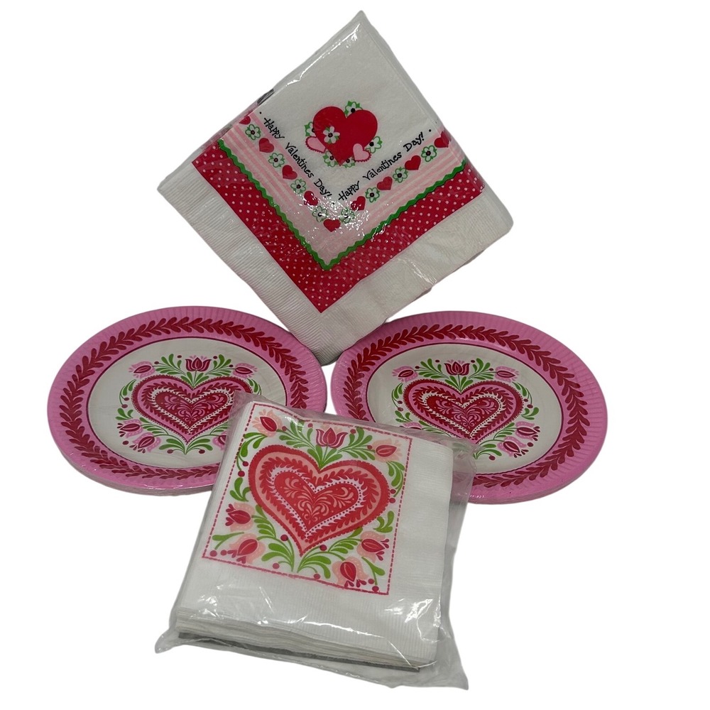 Vintage Gibson Paper‎ Art Valentines Day Plates Napkins Set Heart Pink Red 48pc